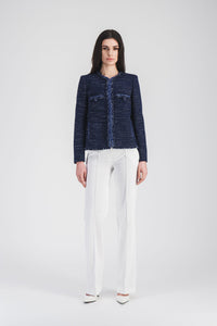 Veste col rond tresse + frange - Marine