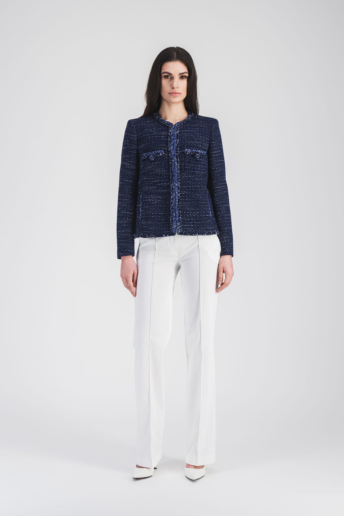 Veste col rond tresse + frange - Marine