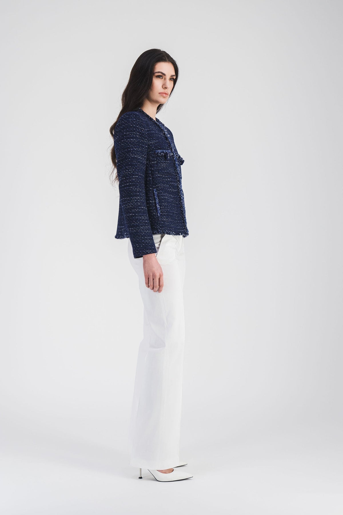 Veste col rond tresse + frange - Marine