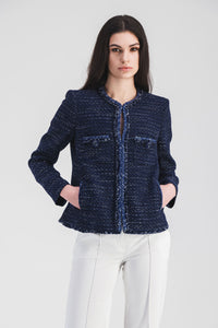 Veste col rond tresse + frange - Marine
