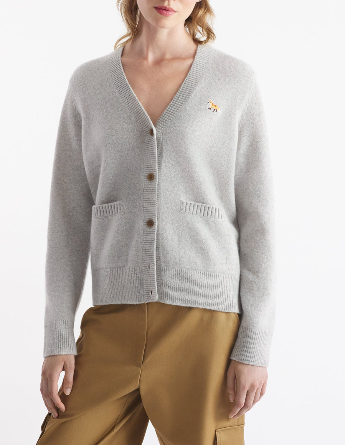 Baby Fox Patch Boxy Cardigan - Light Grey Melange