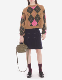Pull jacquard court en laine - Beige Khaki Pink