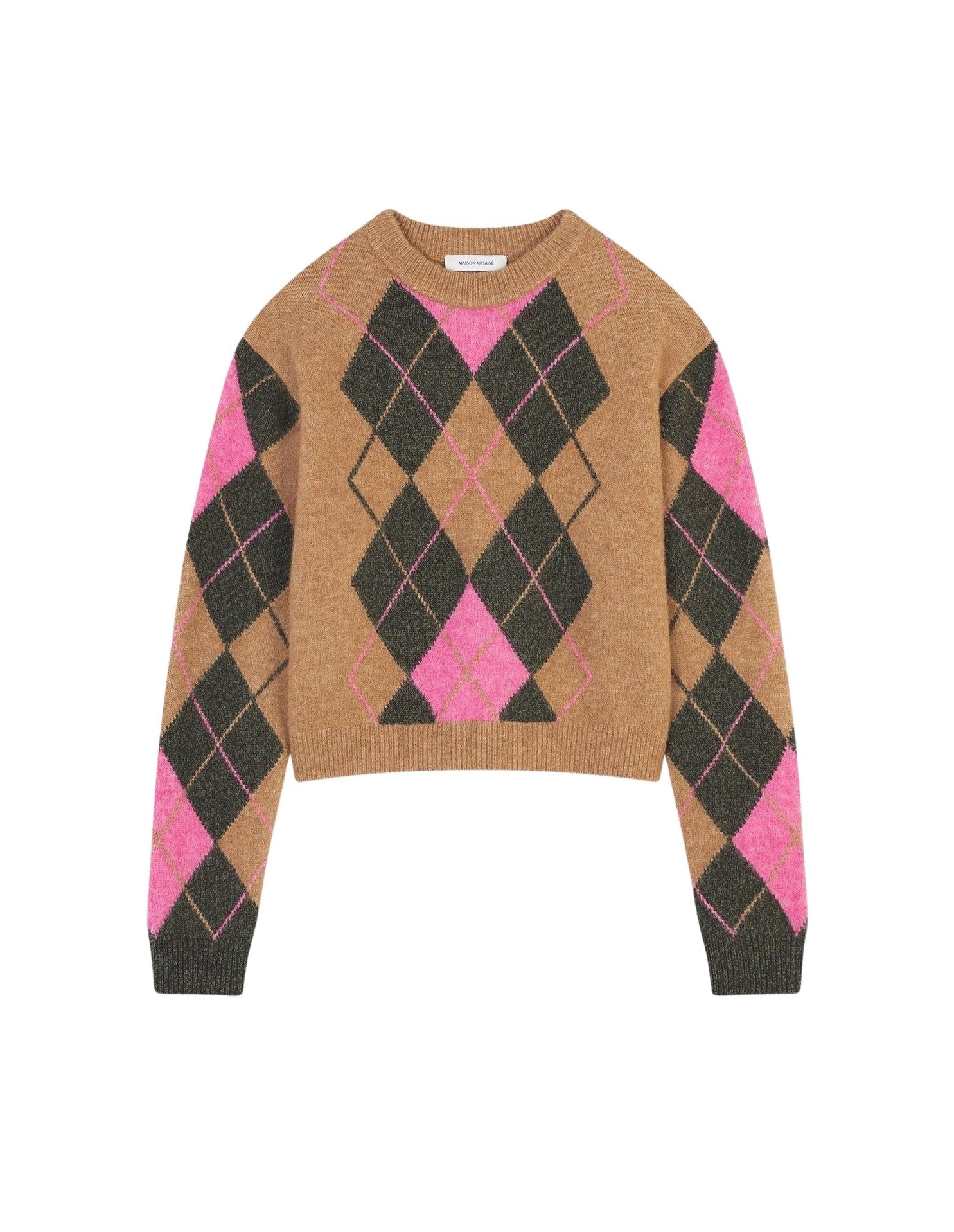 Pull jacquard court en laine - Beige Khaki Pink