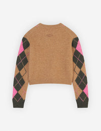 Pull jacquard court en laine - Beige Khaki Pink