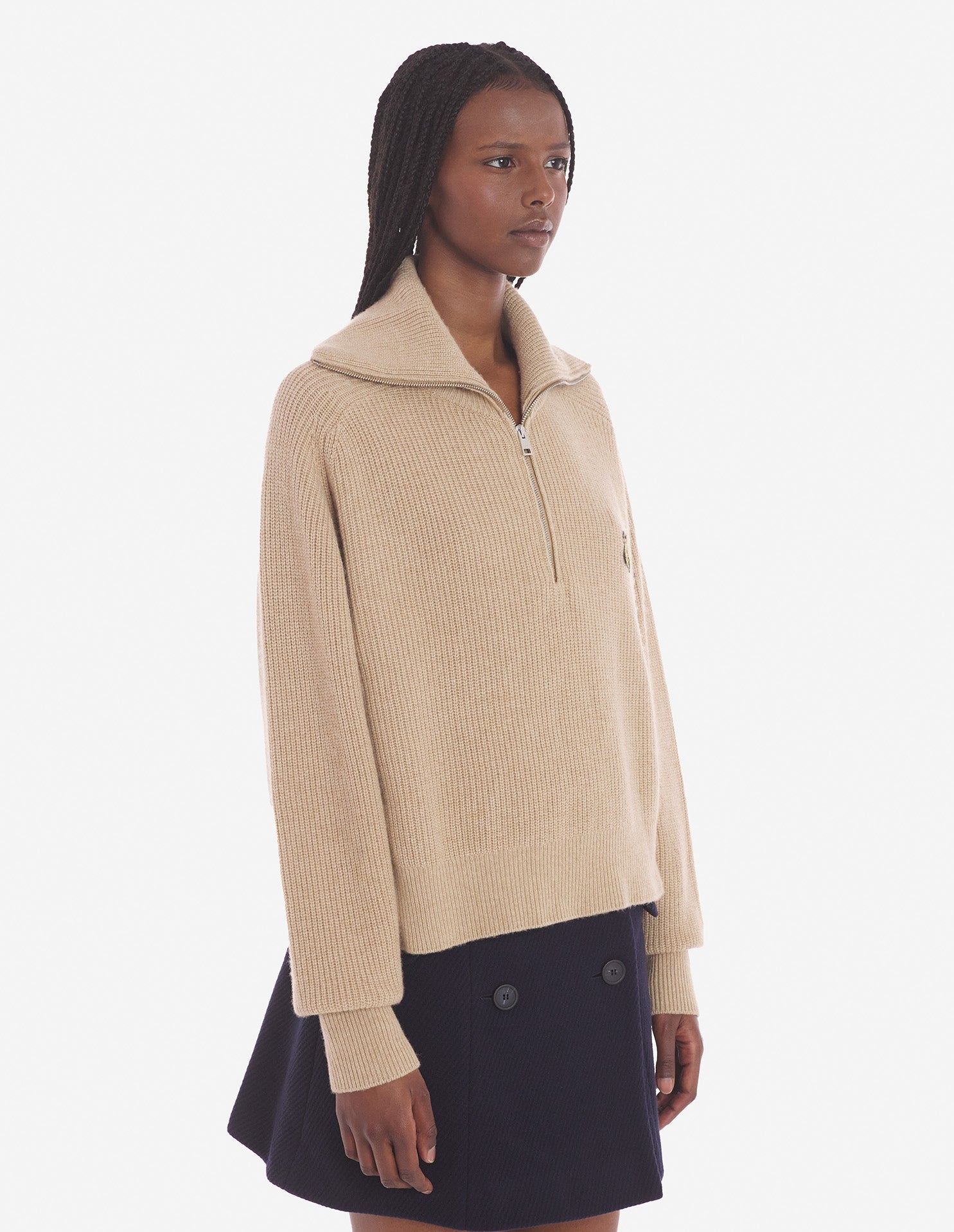 Bold Fox Head Patch Half Zip Ribbed Jumper - Beige Melange