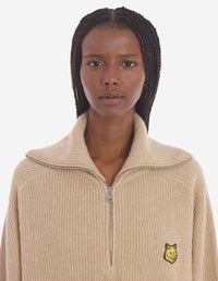 Bold Fox Head Patch Half Zip Ribbed Jumper - Beige Melange
