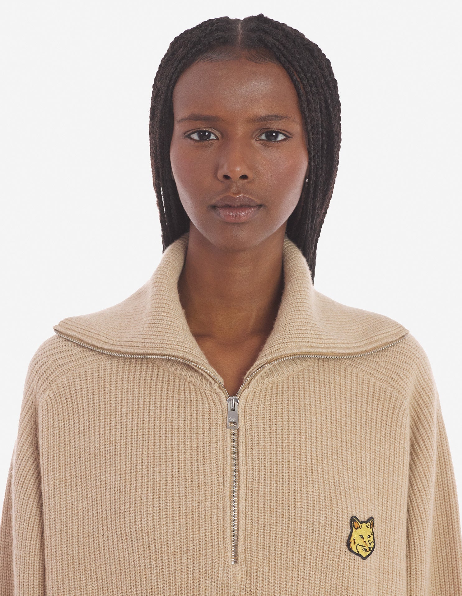 Bold Fox Head Patch Half Zip Ribbed Jumper - Beige Melange