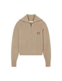 Bold Fox Head Patch Half Zip Ribbed Jumper - Beige Melange