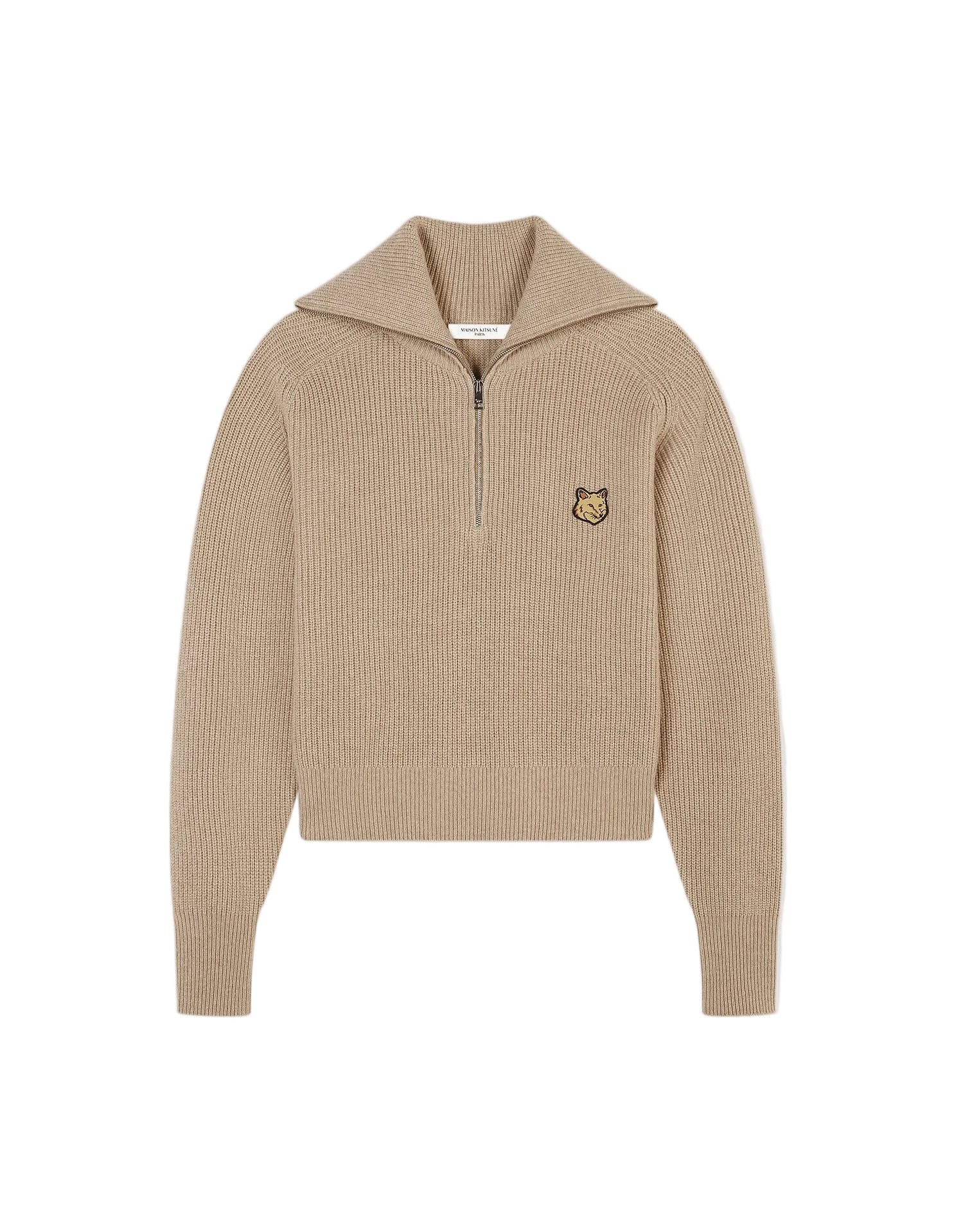 Bold Fox Head Patch Half Zip Ribbed Jumper - Beige Melange