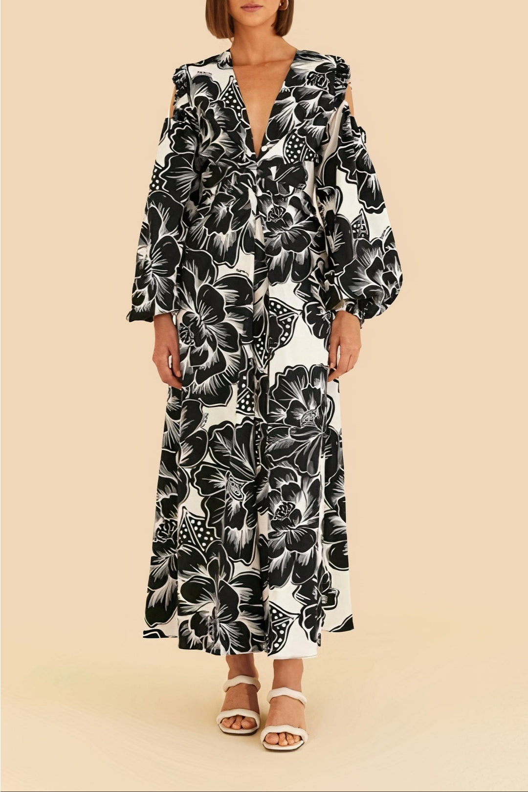 Robe longue Chita Woodcut à col V en coton - Blanc