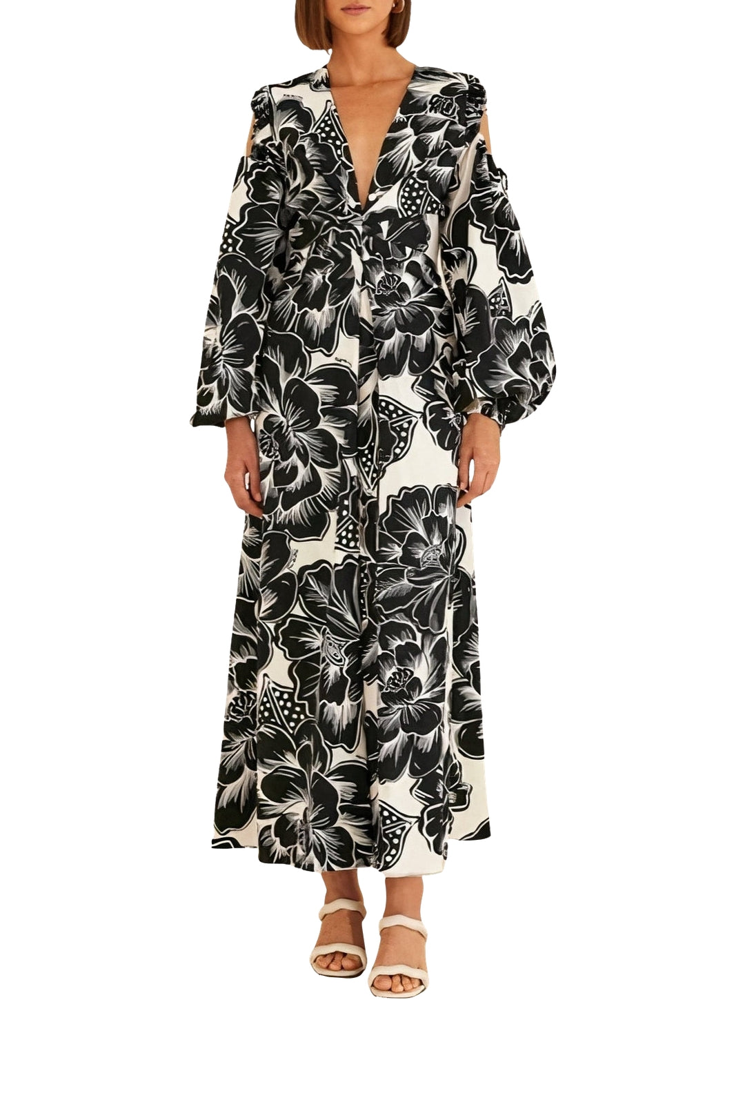 Robe longue Chita Woodcut à col V en coton - Blanc