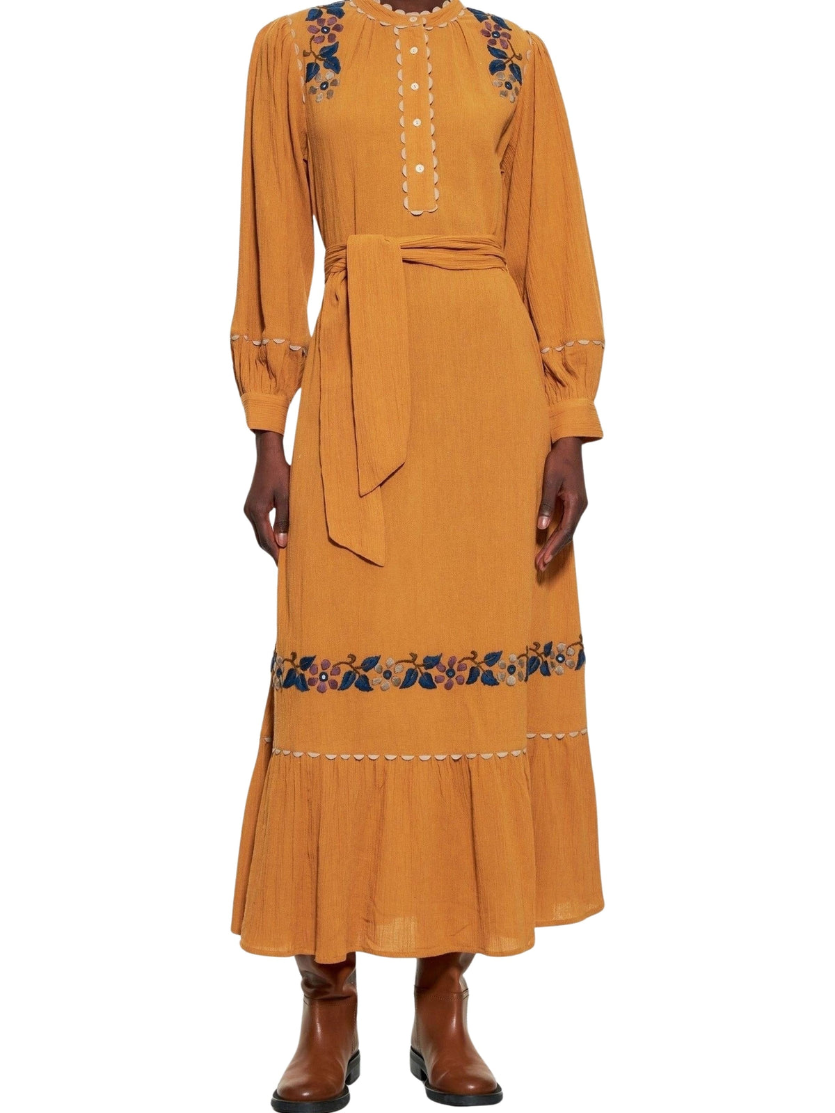 Robe longue brodée Mathilda - Camel