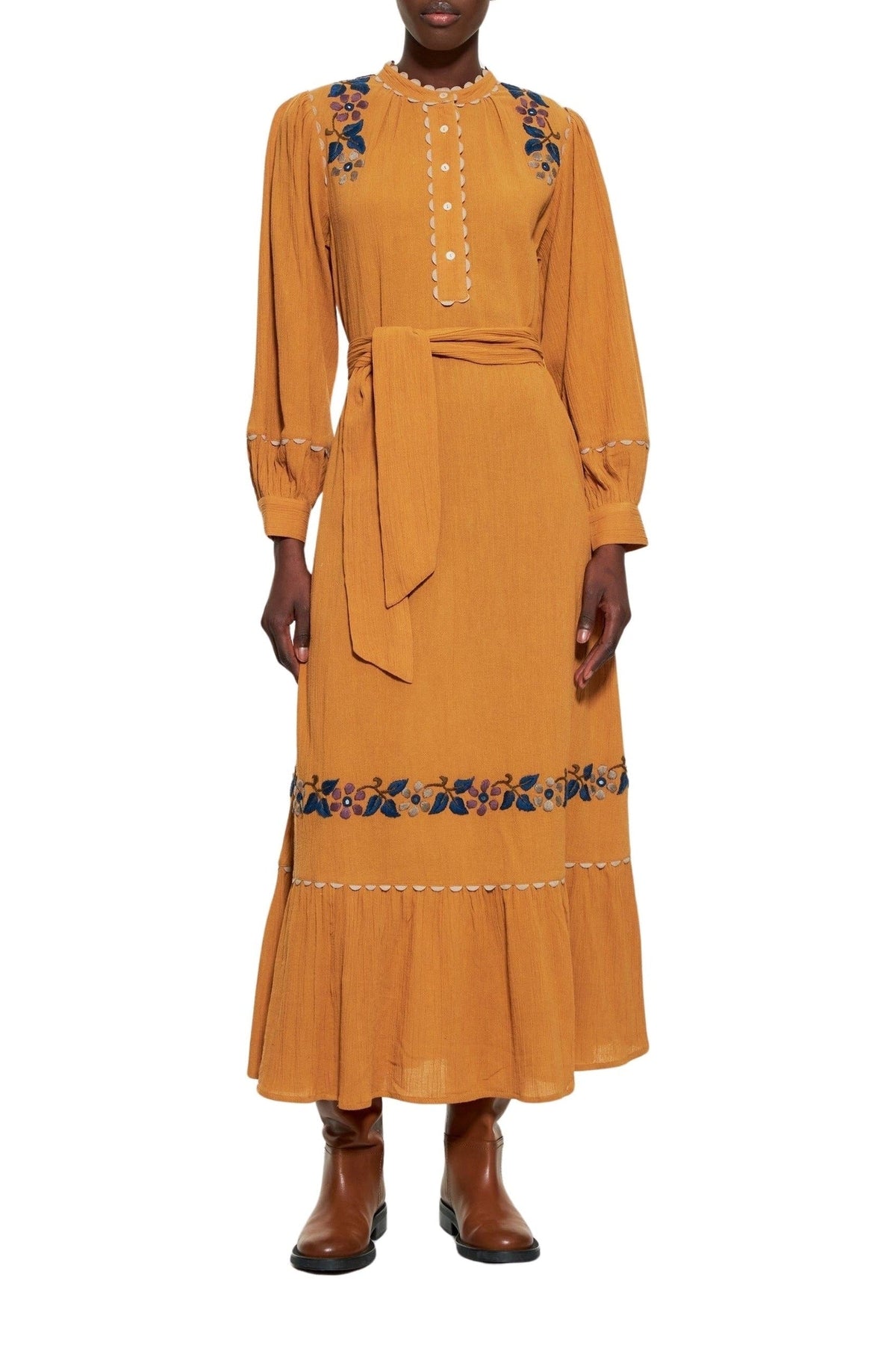 Robe longue brodée Mathilda - Camel