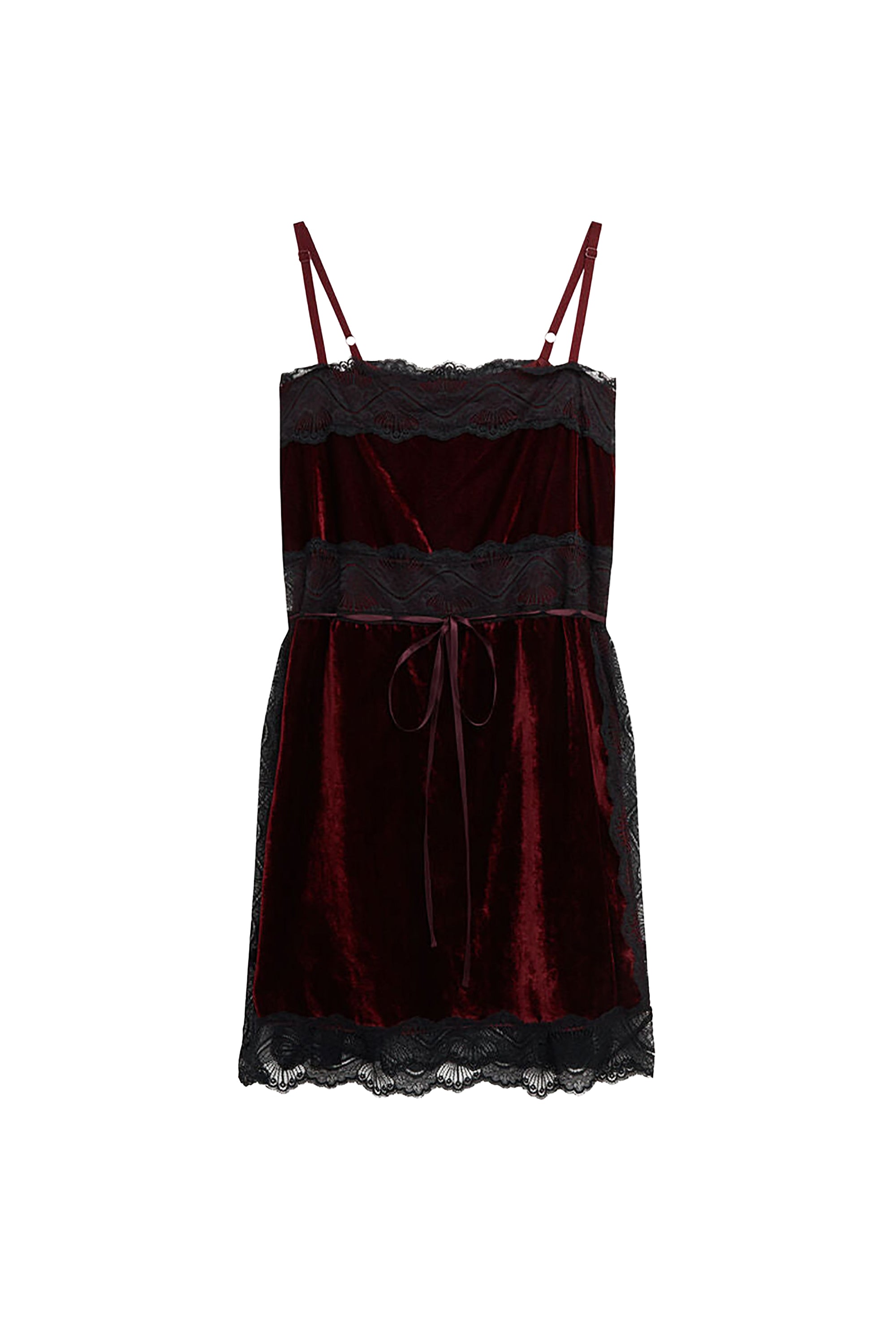 Robe courte en velours et à détails en dentelle - Bordeaux