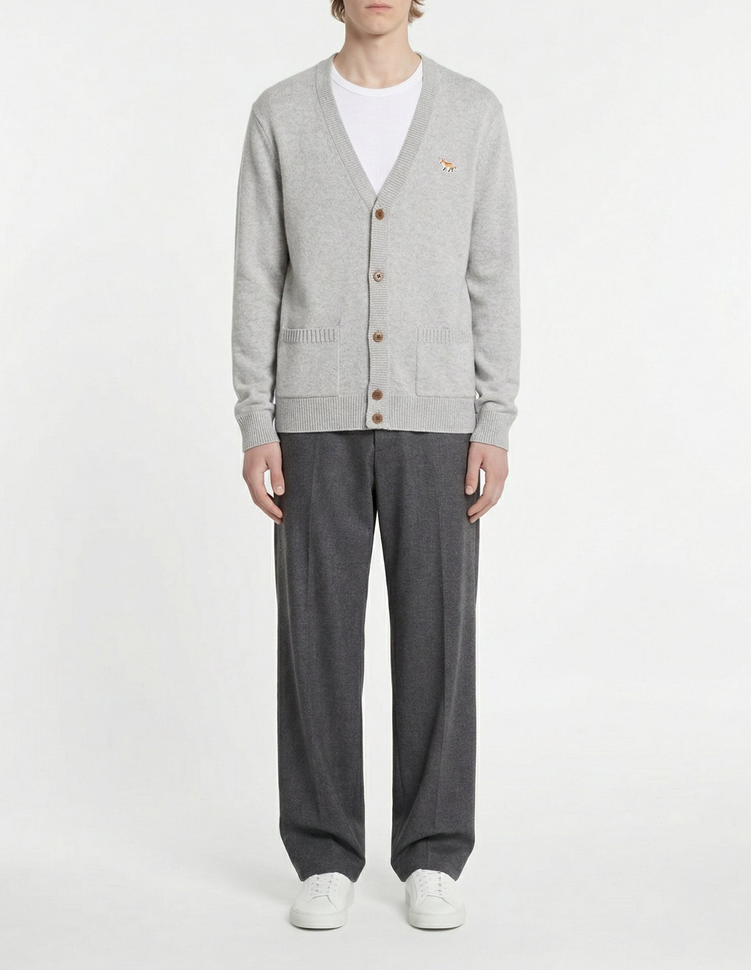 Baby Fox embroidered wool cardigan - Light Grey Melange