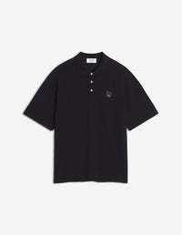 Oversized short-sleeved polo shirt with crest - Black