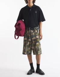 Oversized short-sleeved polo shirt with crest - Black