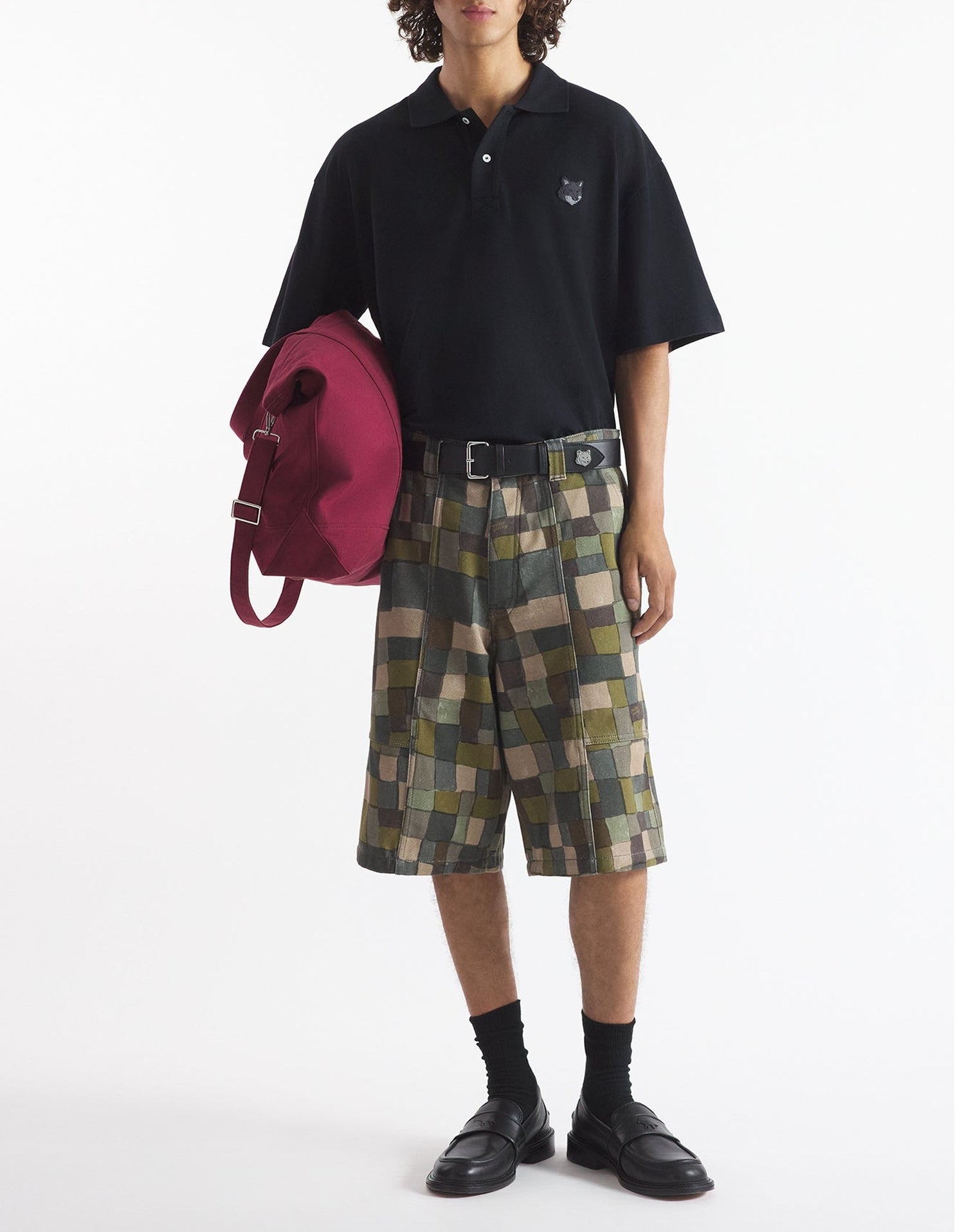 Oversized short-sleeved polo shirt with crest - Black