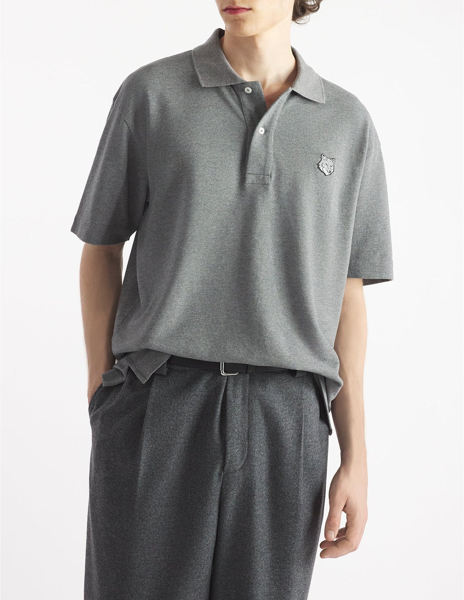 Short-sleeved polo shirt with badge - Medium Grey Melange