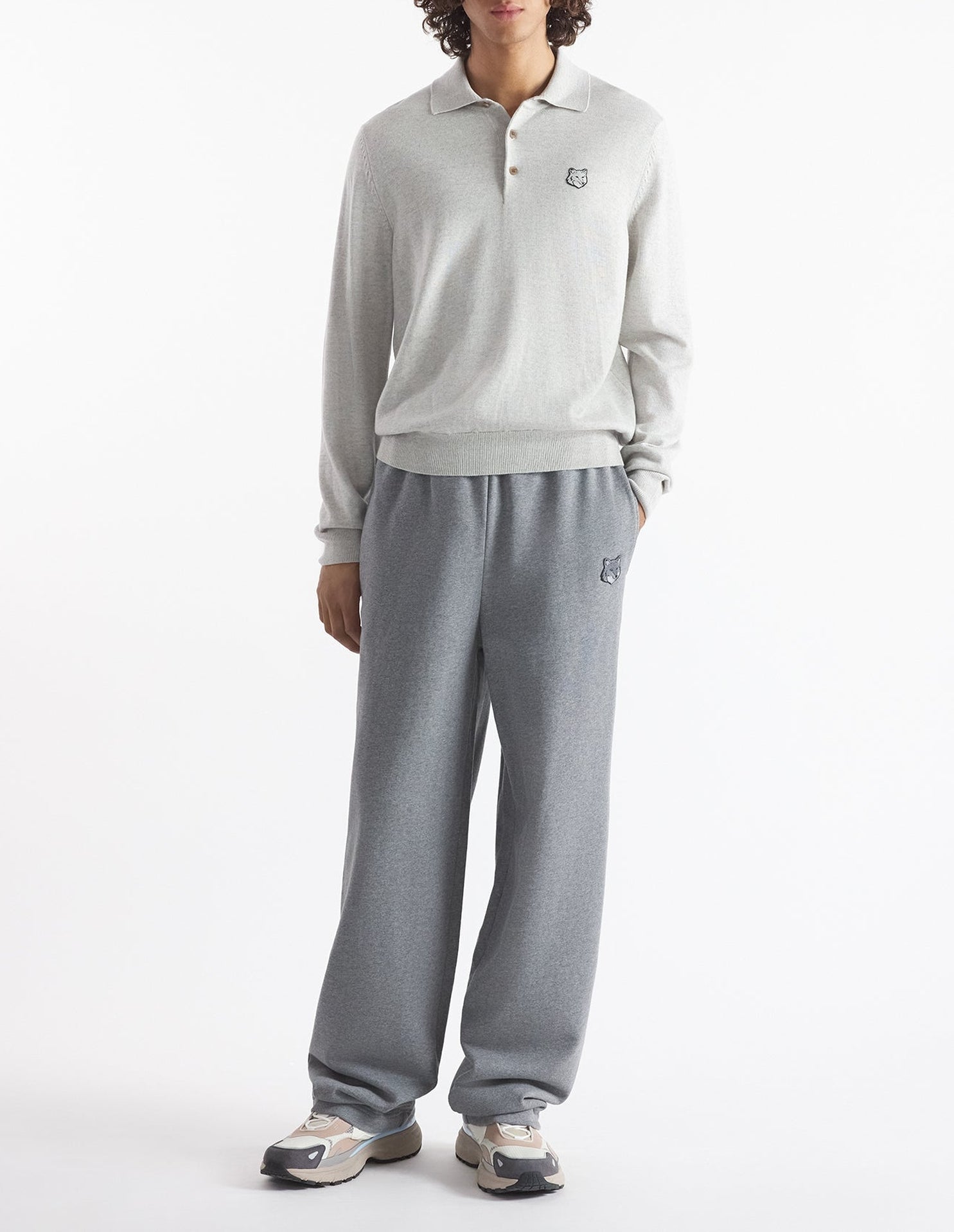 Patch embroidered polo jumper in wool - Light Grey Melange