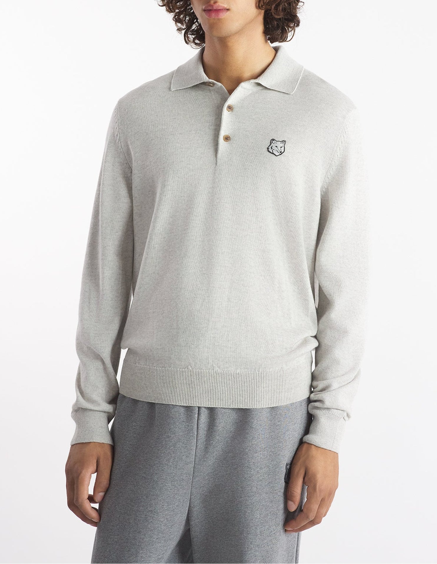 Pull polo Patch brodé en laine - Light Grey Melange