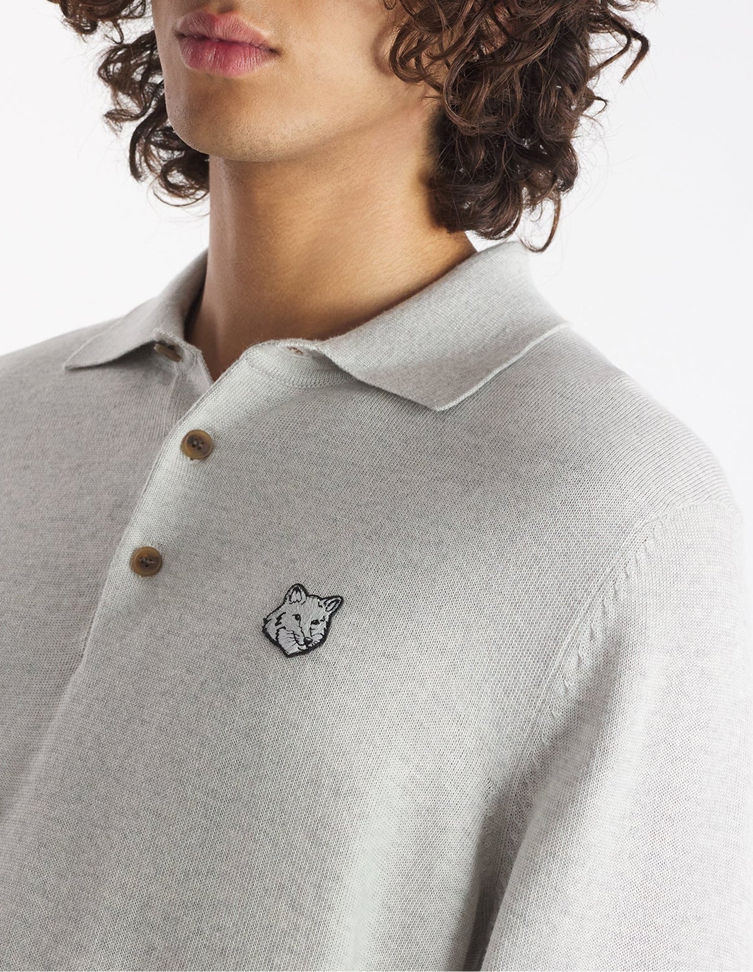 Patch embroidered polo jumper in wool - Light Grey Melange