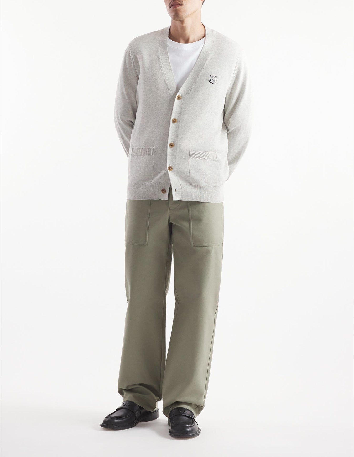 Cardigan Bold Fox Head à col V en laine - Light Grey Melange