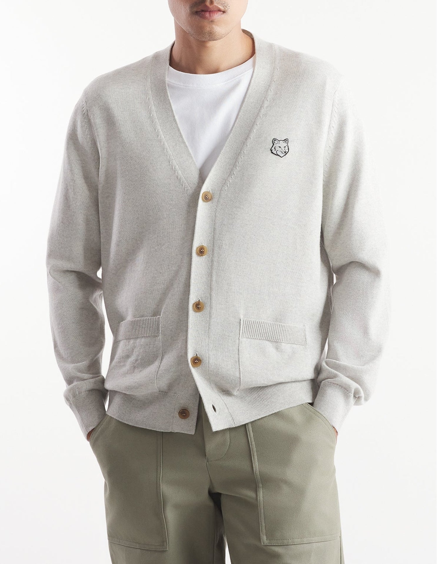 Cardigan Bold Fox Head à col V en laine - Light Grey Melange