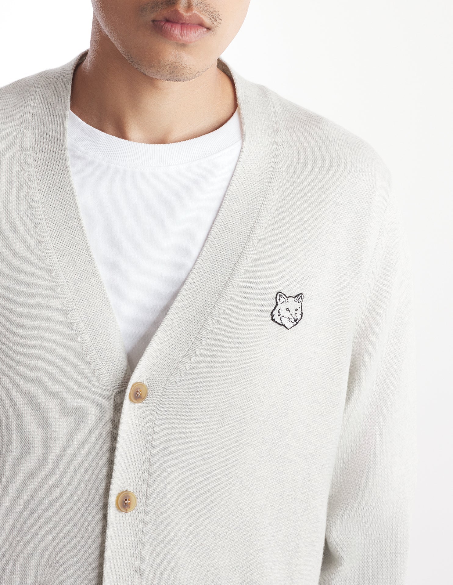 Cardigan Bold Fox Head à col V en laine - Light Grey Melange