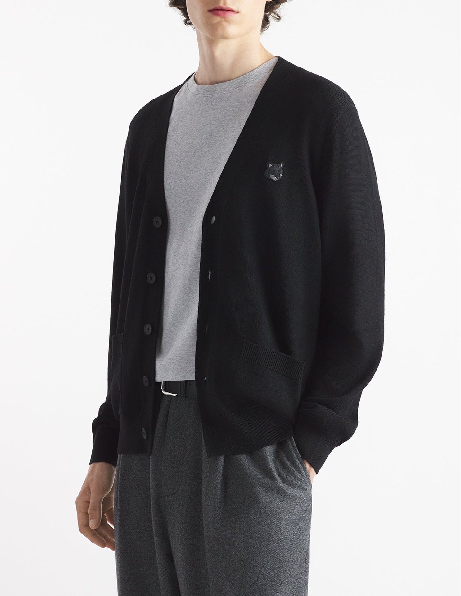 Cardigan Bold Fox Head à col V en laine - Black
