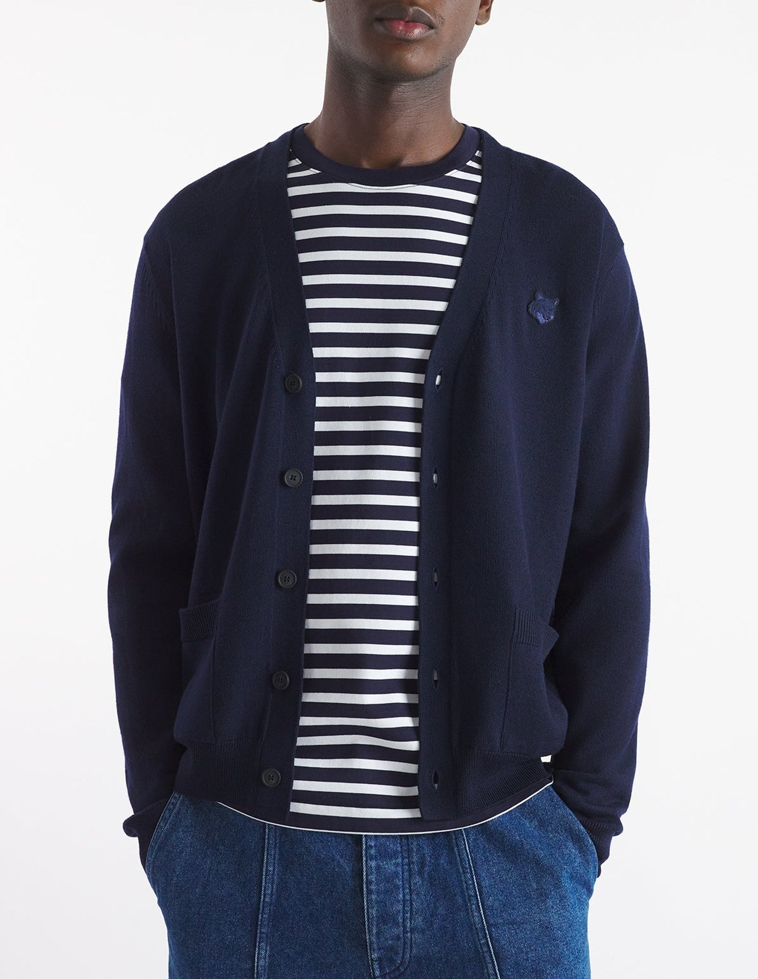 Bold Fox Head wool V-neck cardigan - Ink Blue