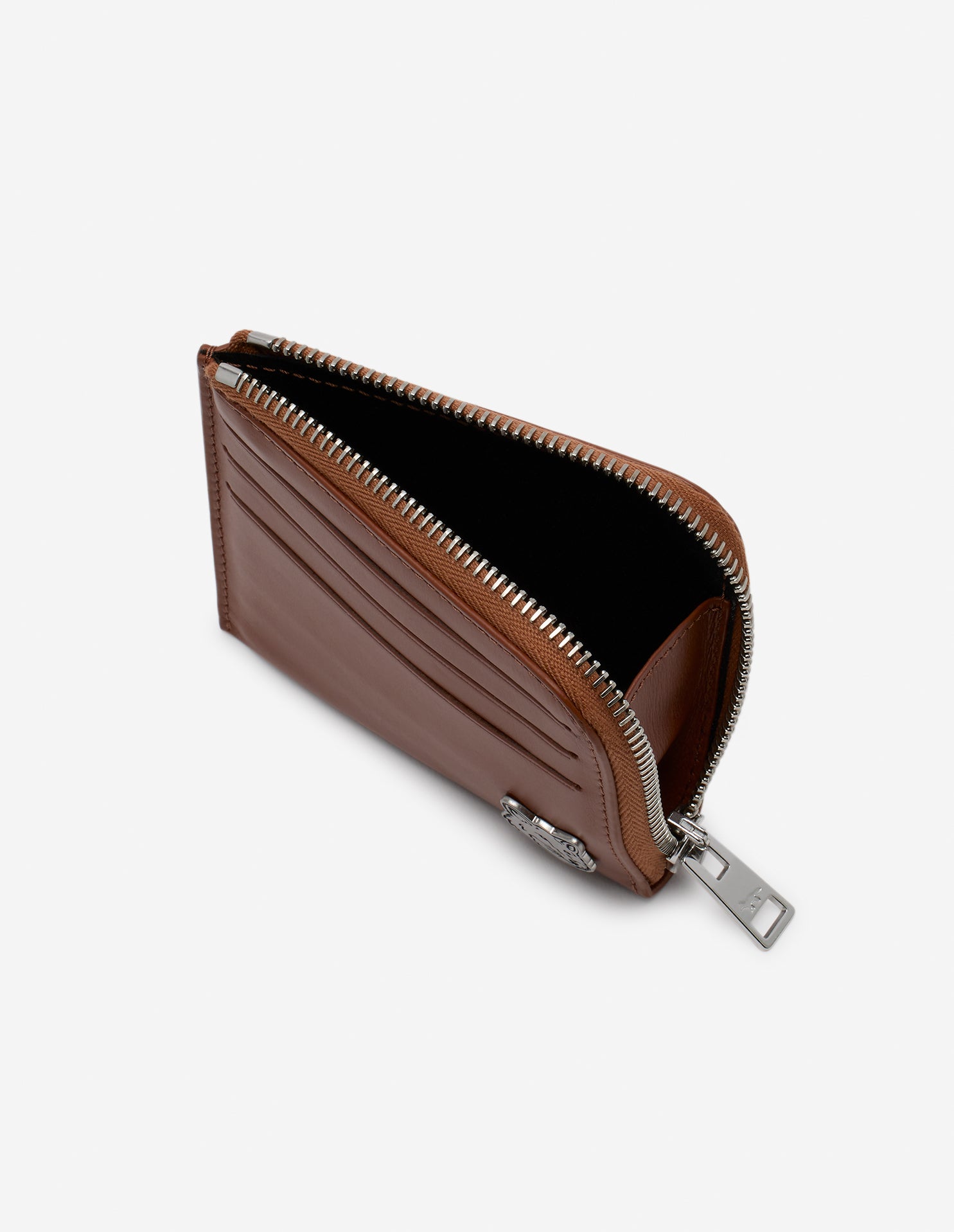 Zipped embossed leather card case - Dark Brown
