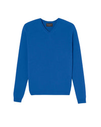 Cashmere hammer neck V-neck jumper - Bleu Mousquetaire