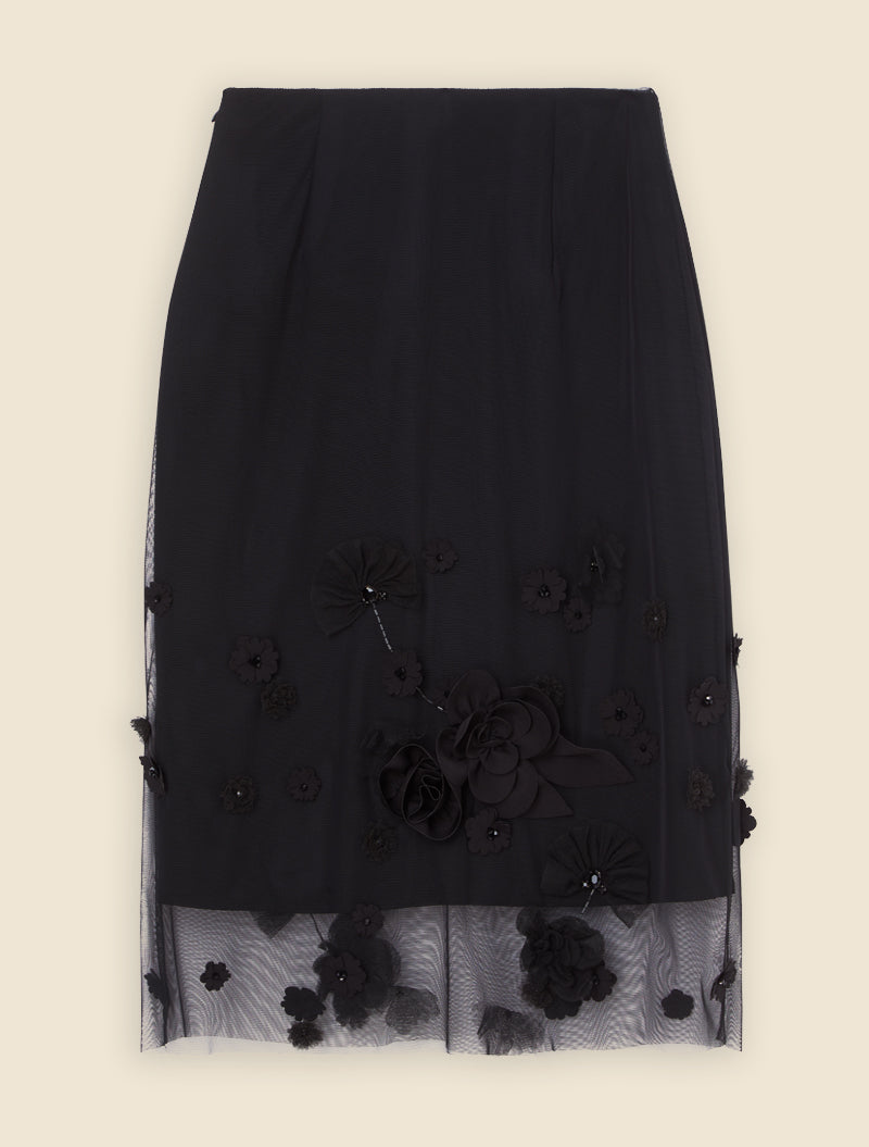 Black / FLORAL EMBROIDERY MIDI SKIRT