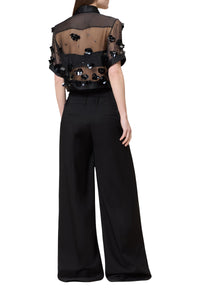 Chemise courte brodée en soie - Black