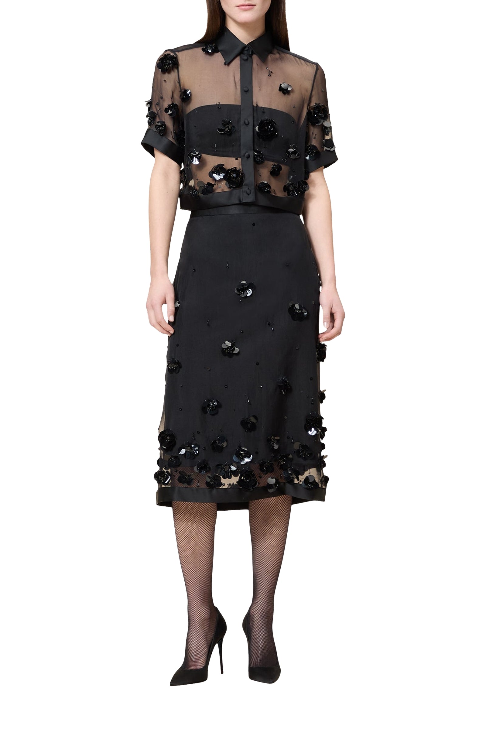 Jupe midi brodée en soie - Black