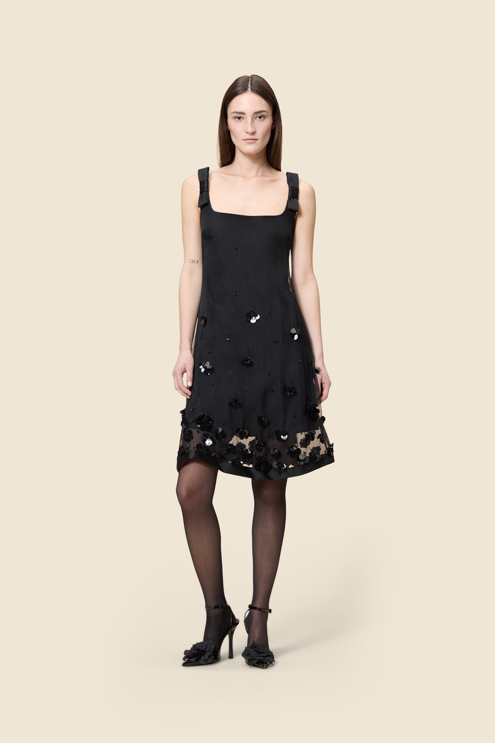 Black / EMBROIDERED MINI DRESS