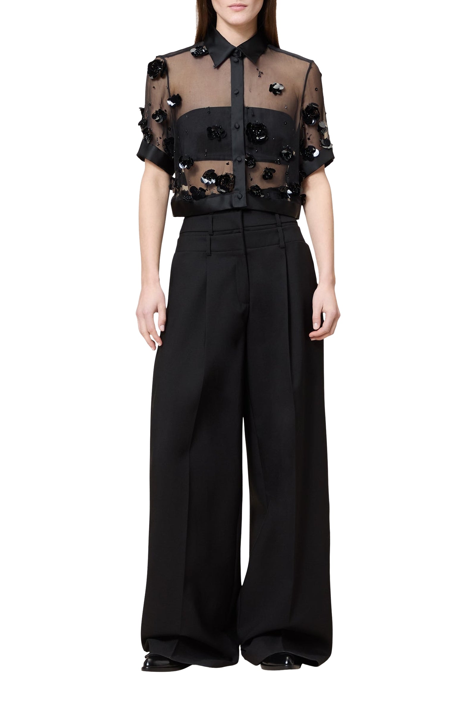 Chemise courte brodée en soie - Black