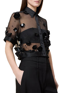 Chemise courte brodée en soie - Black