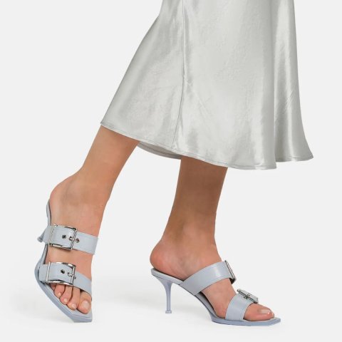 Sandales à talons avec double boucle 75 en cuir - Spring Blue Silver