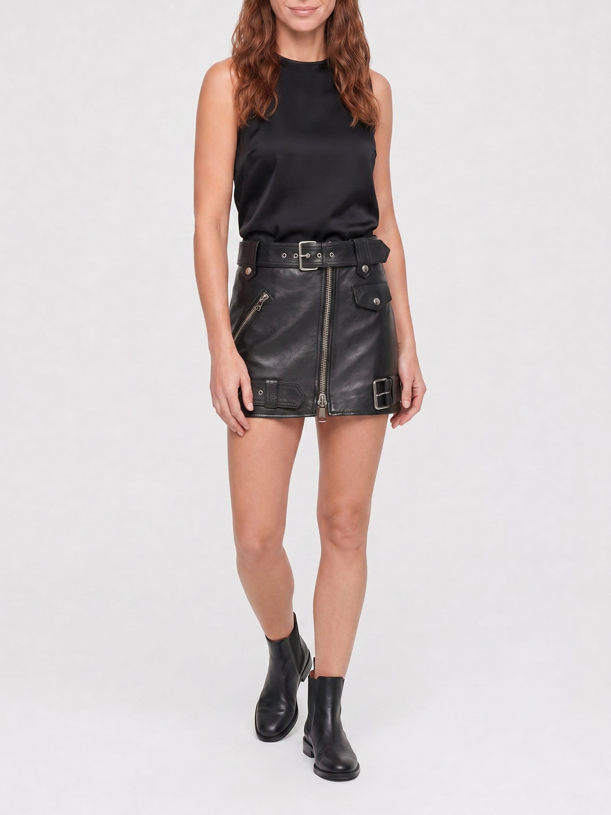 Jupe courte zippée en cuir - Black
