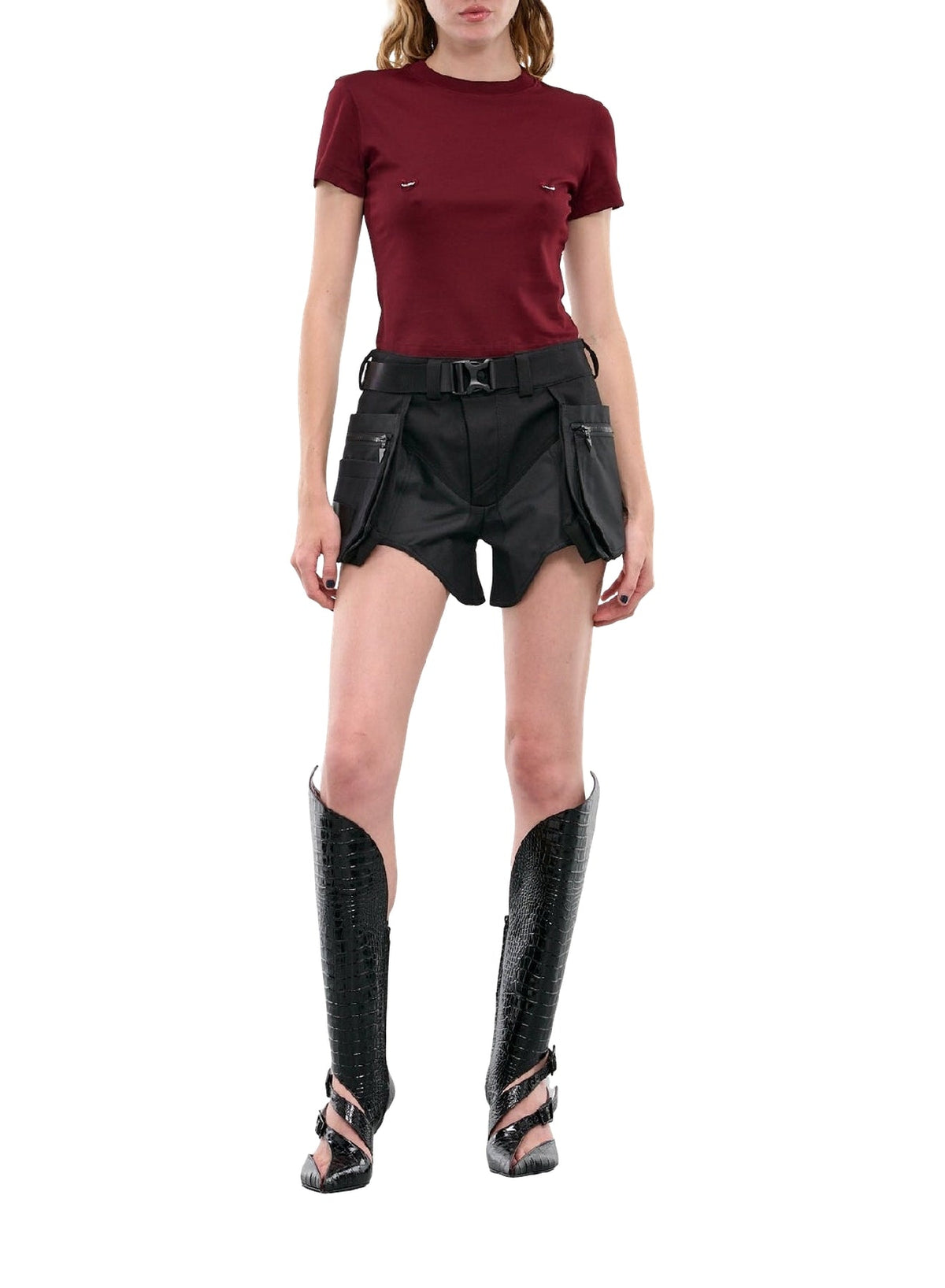 BLACK // black embossed crocodile buckled fang 95 knee high boots