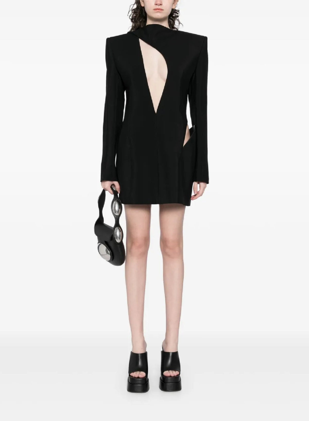 BLACK // black cut-out tailored dress with leather lapel