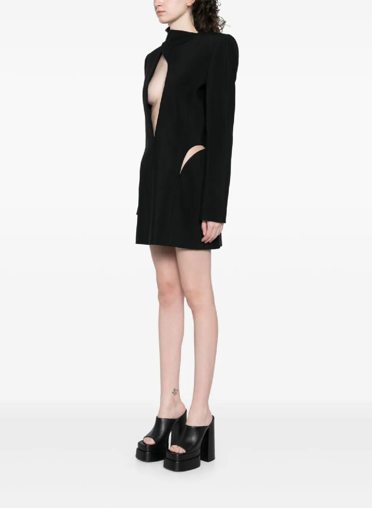 BLACK // black cut-out tailored dress with leather lapel