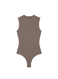 MOCHA // brown sleeveless shoulder logo bodysuit