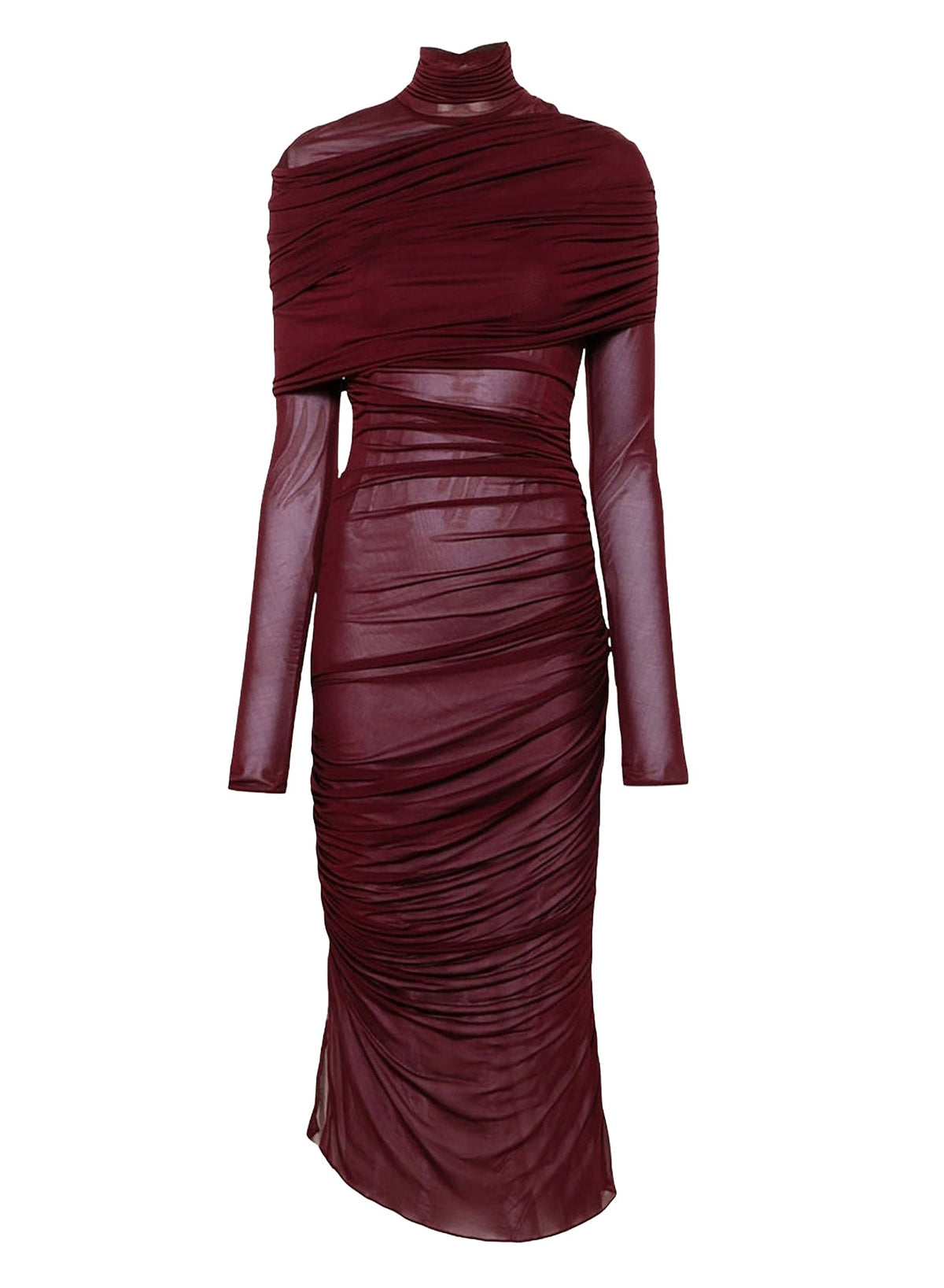 BLOOD RED // red sheer ruched dress