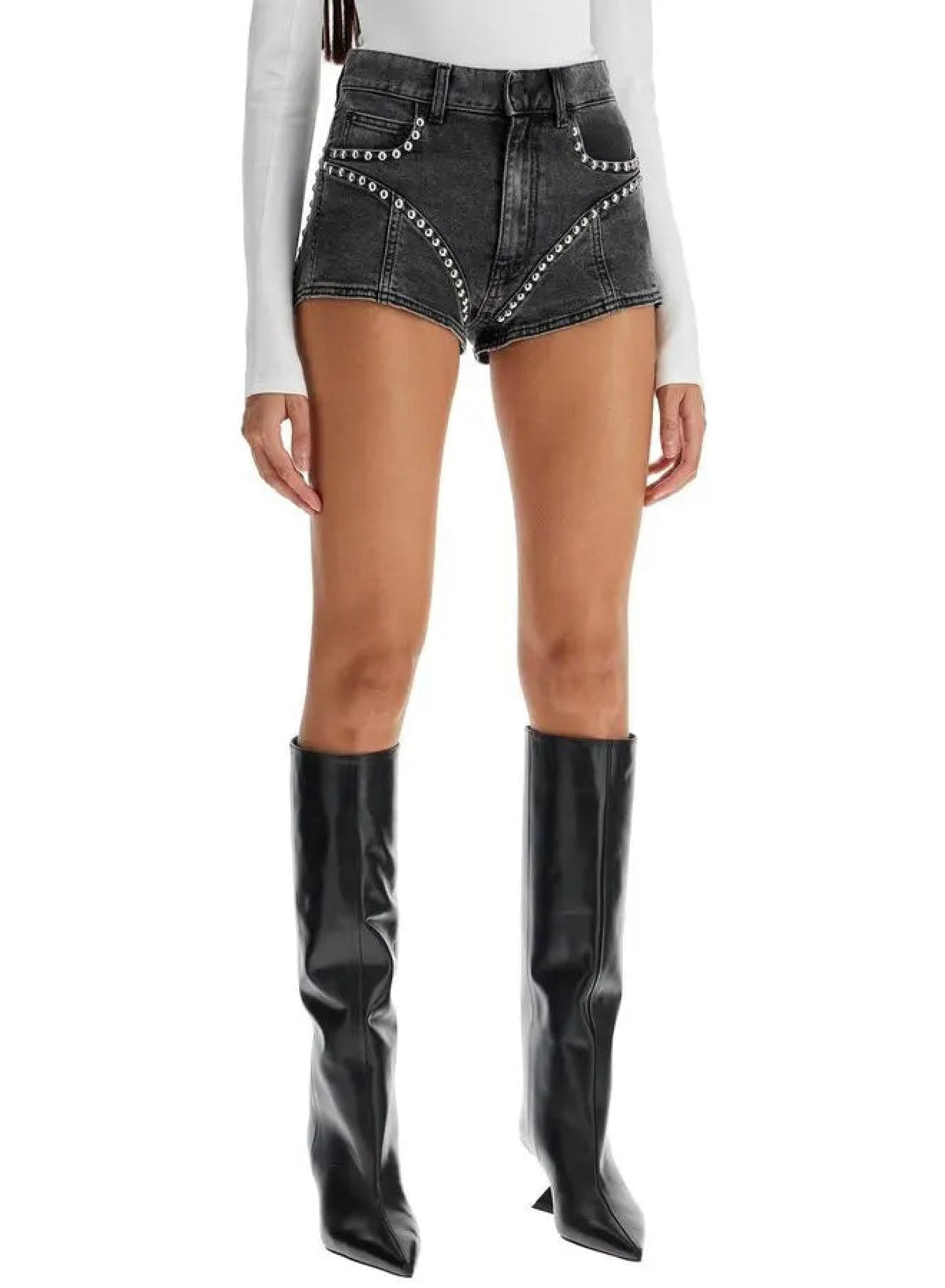 WASHED BLACK // washed black denim studded shorts