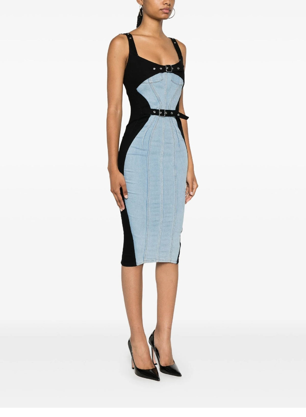 TOKYO BLUE / BLACK // bi-color buckled denim dress