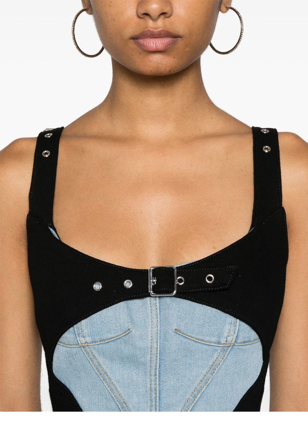 TOKYO BLUE / BLACK // bi-color buckled denim dress