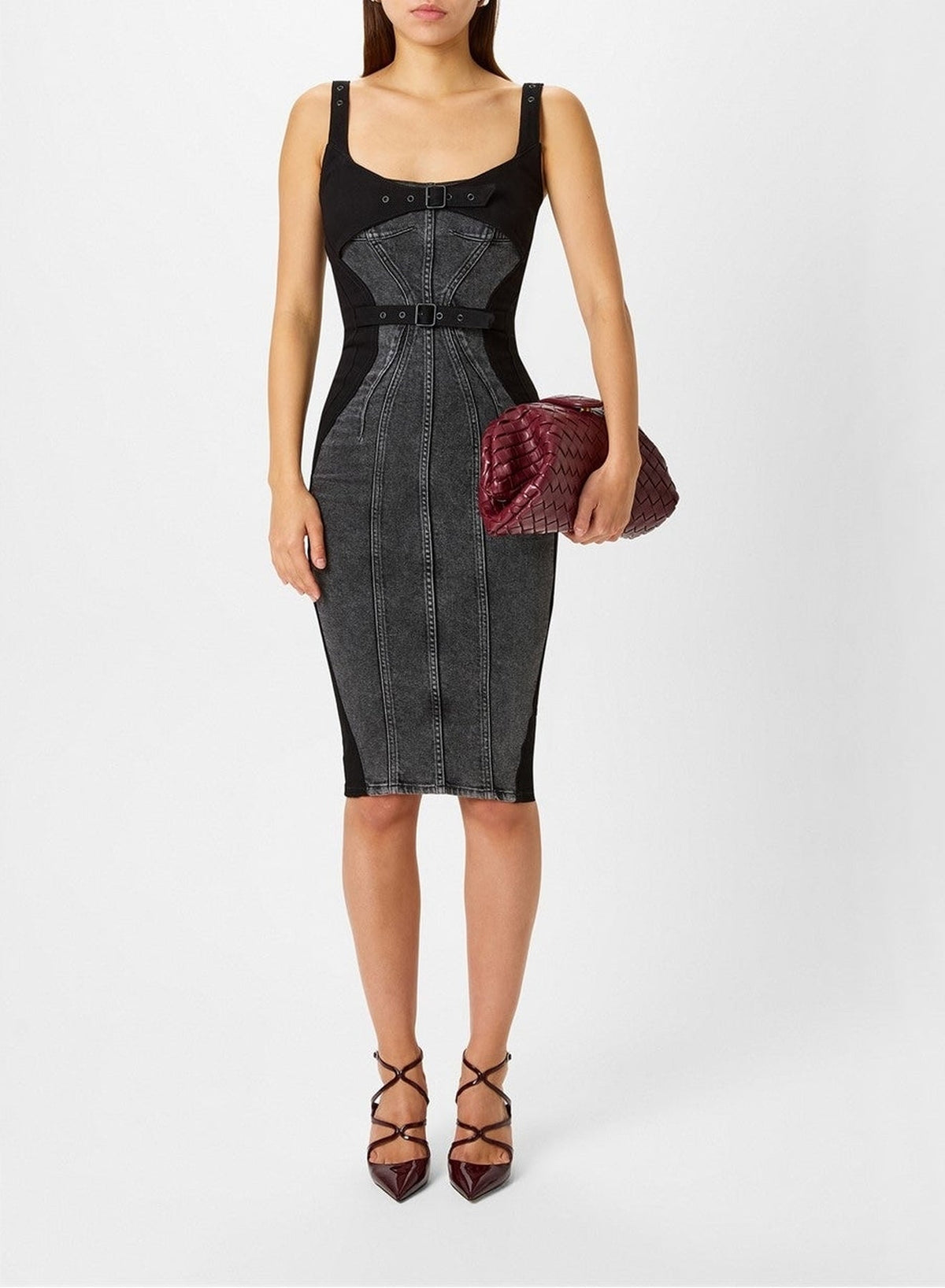 WASHED BLACK / BLACK // washed black buckled denim dress
